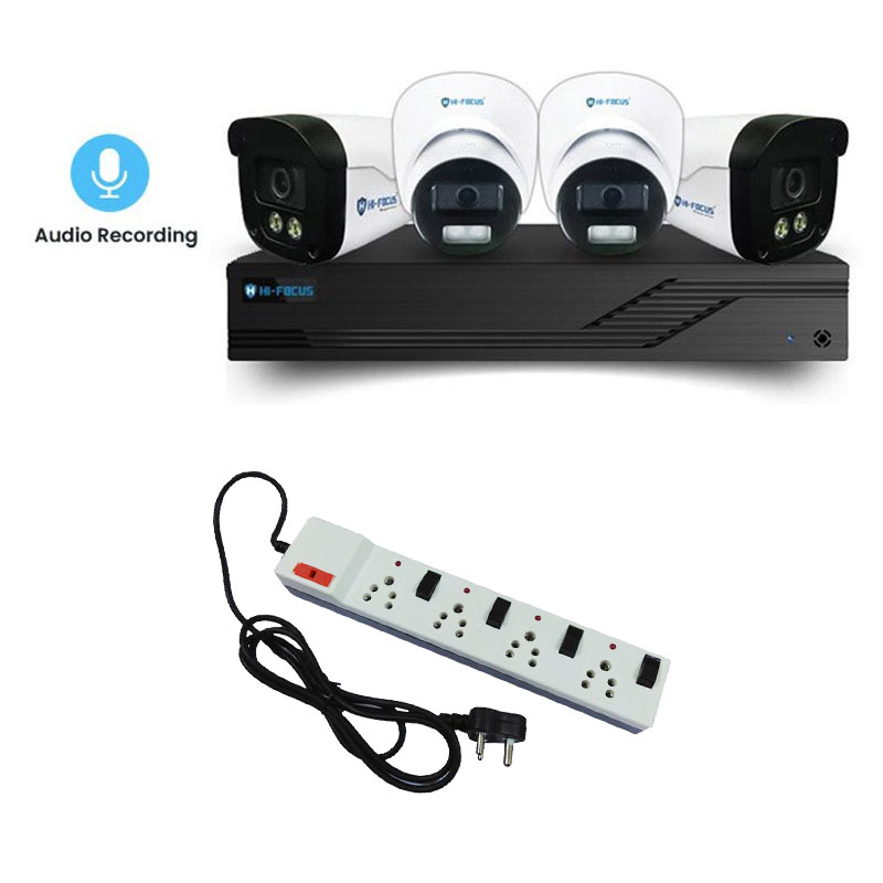 Picture of Hi-Focus 4 CCTV Cameras Combo (2 Indoor & 2 Outdoor CCTV Cameras With Mic) +DVR + 500 GB HDD + Accessories + Power Supply + 90m Cable + Power Strip Combo